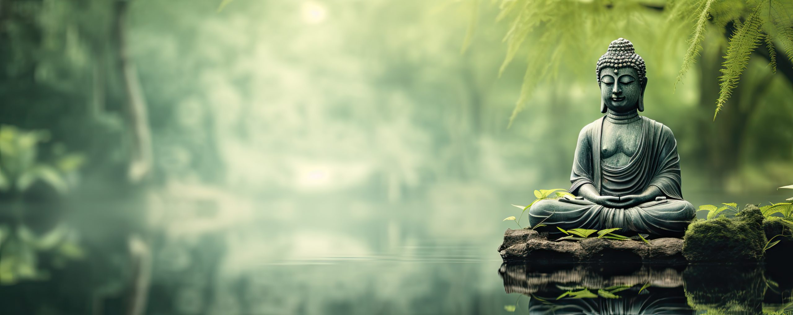 Buddha statue on the shore of a lake in bamboo forest.